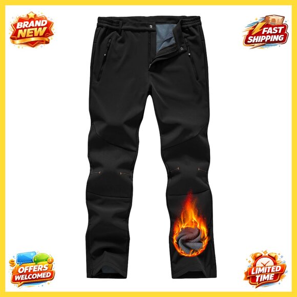 Men's Waterproof Fleece-Lined Snow Pants Insulated Softshell for Skiing &
